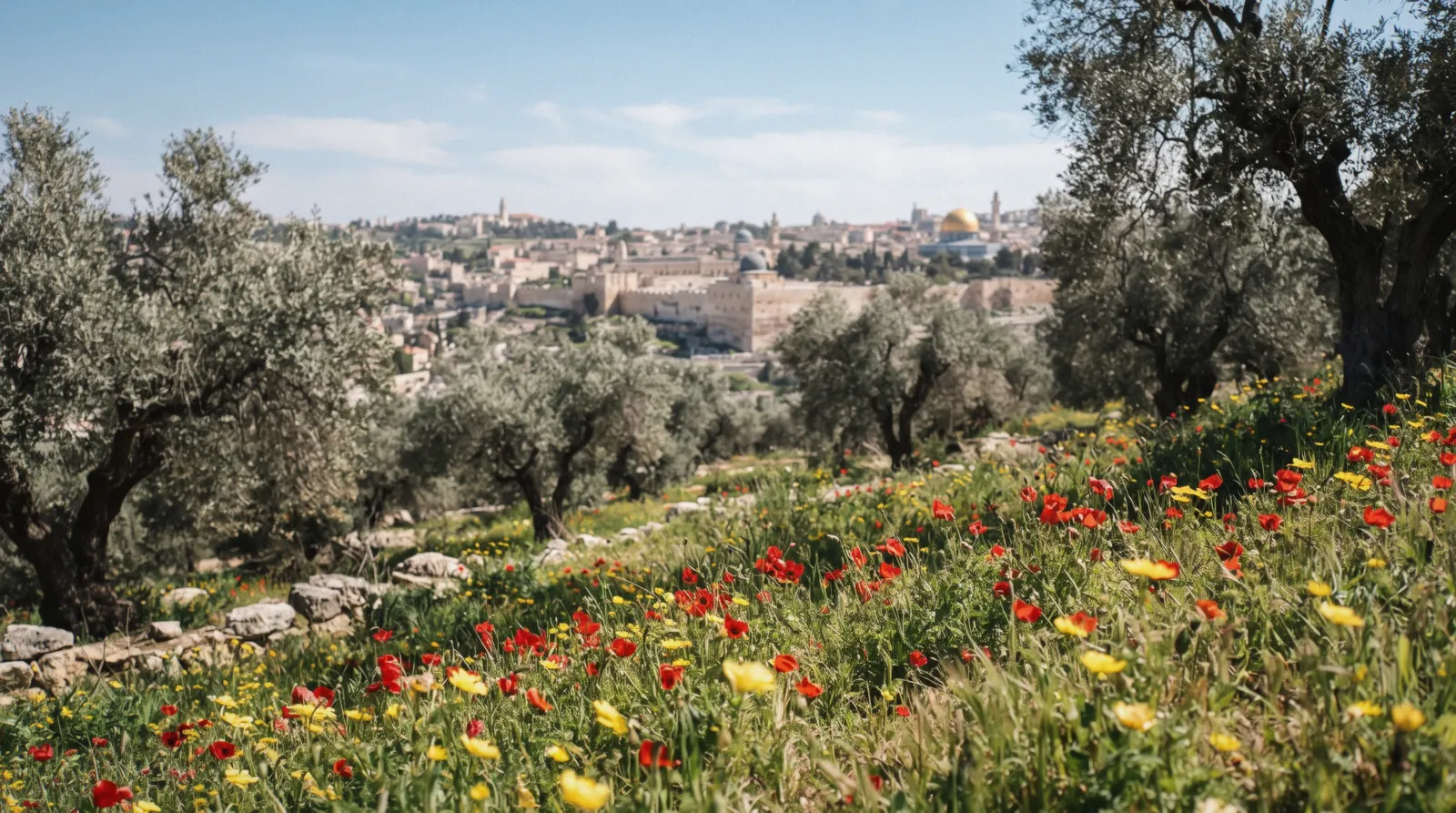 Red poppies and yellow wildflowers in an olive grove on a Jerusalem hillside in early spring, best time to visit jerusalem