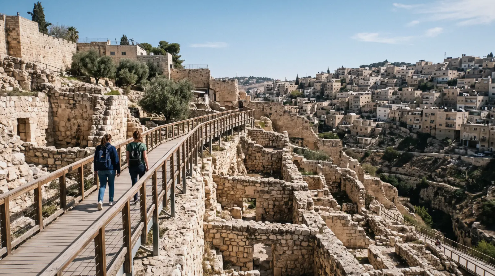 Excavated walls on the slope of the City of David, on Jerusalem tours