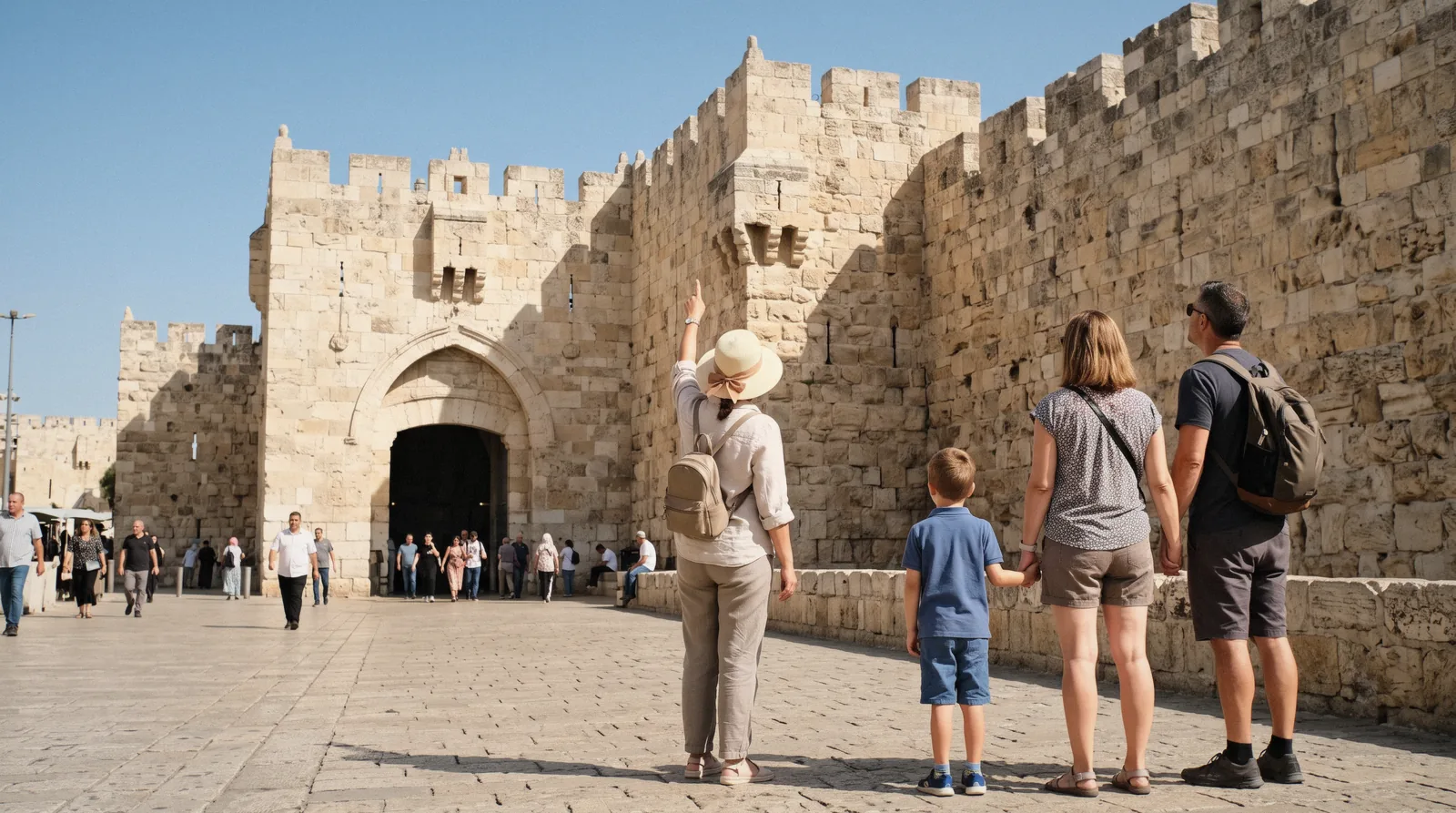 A private guide in a sun hat pointing up at the Ottoman city wall beside Jaffa Gate in Jerusalem for a family of three seen from behind, jerusalem private tour