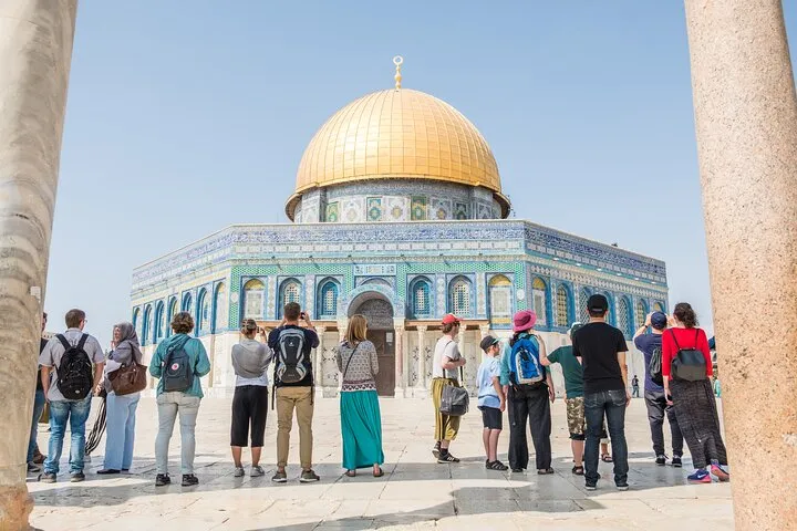 The Western Wall plaza seen from the steps of the Jewish Quarter on a Jerusalem Old City walking tour